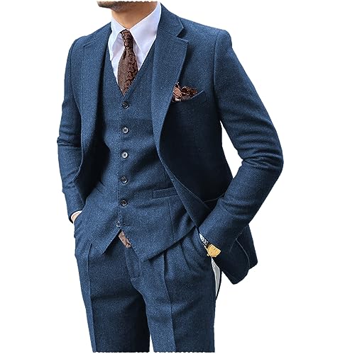 Tuikayoo Herren Formal Herringbone Tweed Wolle 3 Stück Hochzeit Slim Fit Anzug Prom Smokings Groomsmen Party Jacke（Blau,M） von Tuikayoo
