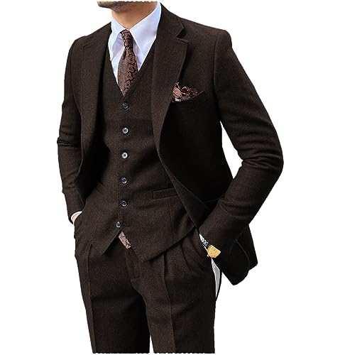 Tuikayoo Herren Formal Herringbone Tweed Wolle 3 Stück Hochzeit Slim Fit Anzug Prom Smokings Groomsmen Party Jacke（Kaffee,M） von Tuikayoo
