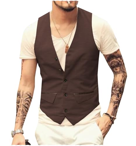 Tuikayoo Herren Leinenweste Sommer Anzug Weste reguläre Passform Vintage Retro Business Party Weste Hochzeit Prom（Kaffee，L） von Tuikayoo