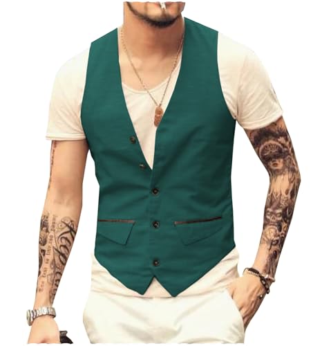 Tuikayoo Herren Leinenweste Sommer Anzug Weste reguläre Passform Vintage Retro Business Party Weste Hochzeit Prom（Türkisblau，XXL） von Tuikayoo