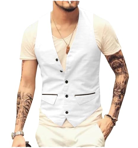 Tuikayoo Herren Leinenweste Sommer Anzug Weste reguläre Passform Vintage Retro Business Party Weste Hochzeit Prom（Weiß，S） von Tuikayoo