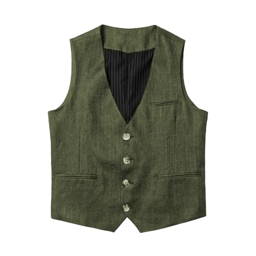 Tuikayoo Herren Leinenweste Sommer Strand Casual Business Anzug Westen slim fit formale Waistcoat（Armeegrün，XXL） von Tuikayoo