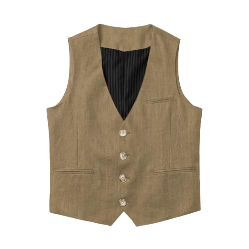 Tuikayoo Herren Leinenweste Sommer Strand Casual Business Anzug Westen slim fit formale Waistcoat（Champagner，XL） von Tuikayoo