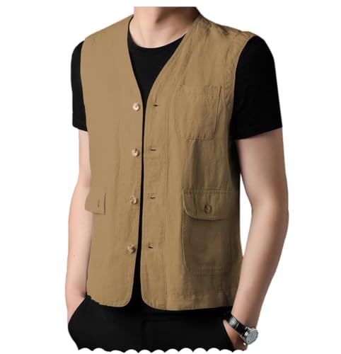 Tuikayoo Herren Leinenweste für Sommer Strand Slim Fit Leichte Casual Weste（Braun，M） von Tuikayoo