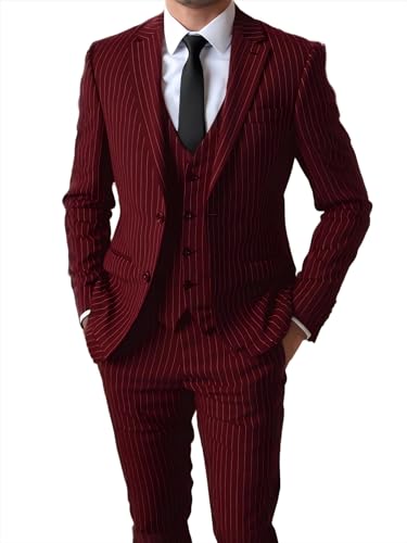 Herren Nadelstreifen 3 Stück Anzug Slim Fit Elegant Einreihig Business Hochzeit Party Blazer Weste & Hose Set（Burgundisch,XL） von Tuikayoo