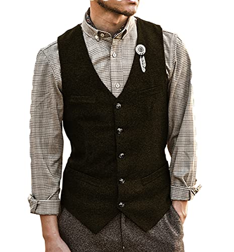 Tuikayoo Herren Retro Anzug Tweed Weste Herringbone Wolle Casual Vintage Kleid Weste Bräutigam(3XL, Kaffee) von Tuikayoo