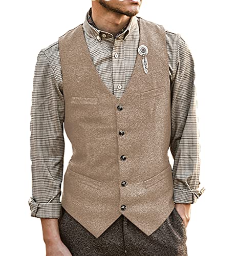 Tuikayoo Herren Retro Anzug Tweed Weste Herringbone Wolle Casual Vintage Kleid Weste Bräutigam(M, Champagner) von Tuikayoo