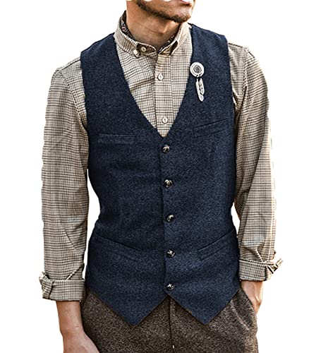 Tuikayoo Herren Retro Anzug Tweed Weste Herringbone Wolle Casual Vintage Kleid Weste Bräutigam(XL, Marine) von Tuikayoo