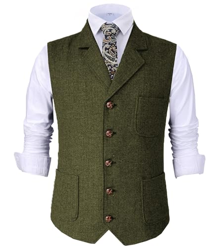 Tuikayoo Herren Retro V Ausschnitt Anzug Weste Tweed Wolle Regular Fit Weste Herringbone für Jacke (ArmeeGrün,3XL) von Tuikayoo