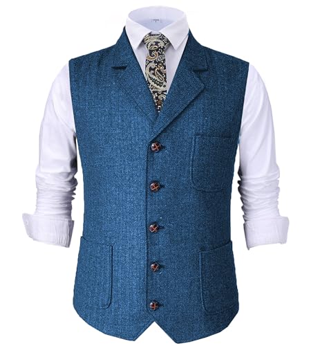 Tuikayoo Herren Retro V Ausschnitt Anzug Weste Tweed Wolle Regular Fit Weste Herringbone für Jacke (Blau,3XL) von Tuikayoo