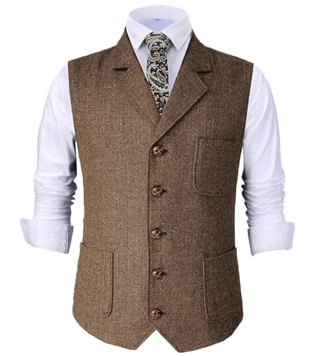 Tuikayoo Herren Retro V Ausschnitt Anzug Weste Tweed Wolle Regular Fit Weste Herringbone für Jacke (Braun,L) von Tuikayoo