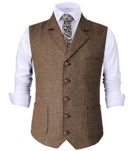 Tuikayoo Herren Retro V Ausschnitt Anzug Weste Tweed Wolle Regular Fit Weste Herringbone für Jacke (Braun,XXL) von Tuikayoo