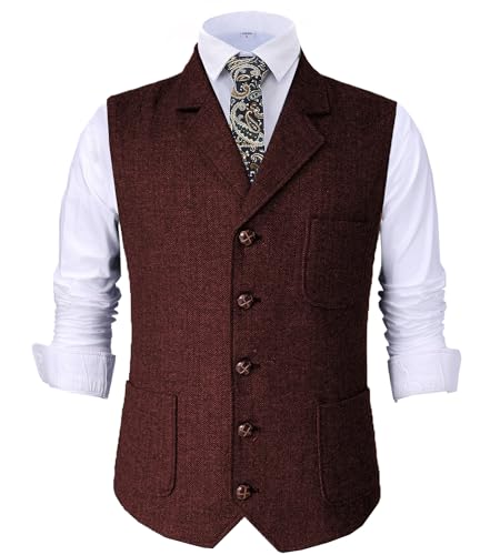 Tuikayoo Herren Retro V Ausschnitt Anzug Weste Tweed Wolle Regular Fit Weste Herringbone für Jacke (Burgundisch,XL) von Tuikayoo