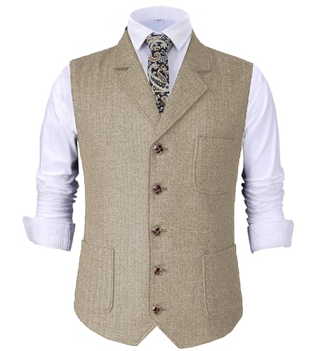 Tuikayoo Herren Retro V Ausschnitt Anzug Weste Tweed Wolle Regular Fit Weste Herringbone für Jacke (Champagne,L) von Tuikayoo