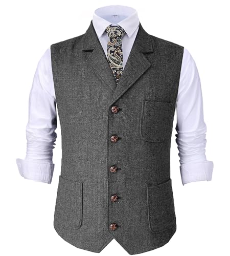 Tuikayoo Herren Retro V Ausschnitt Anzug Weste Tweed Wolle Regular Fit Weste Herringbone für Jacke (Grau,L) von Tuikayoo