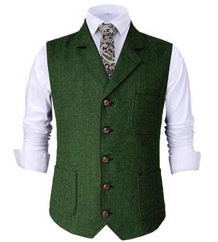 Tuikayoo Herren Retro V Ausschnitt Anzug Weste Tweed Wolle Regular Fit Weste Herringbone für Jacke (Grün,L) von Tuikayoo