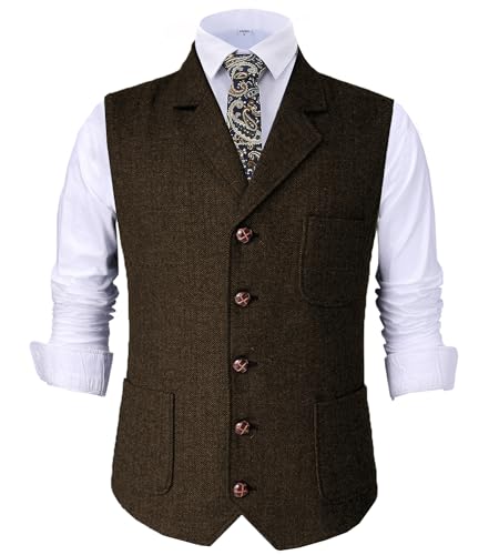 Tuikayoo Herren Retro V Ausschnitt Anzug Weste Tweed Wolle Regular Fit Weste Herringbone für Jacke (Kaffee,L) von Tuikayoo
