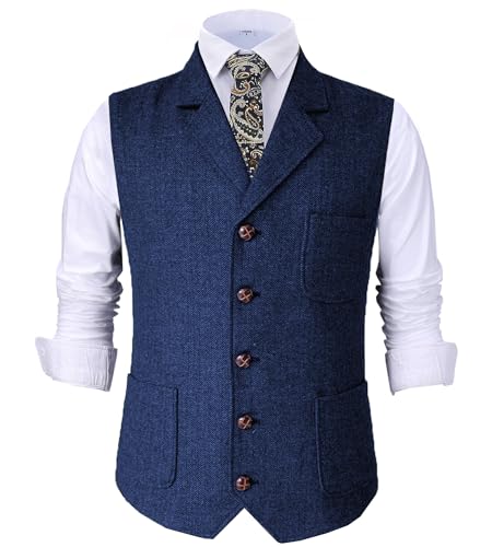 Tuikayoo Herren Retro V Ausschnitt Anzug Weste Tweed Wolle Regular Fit Weste Herringbone für Jacke (KönigsBlau,L) von Tuikayoo