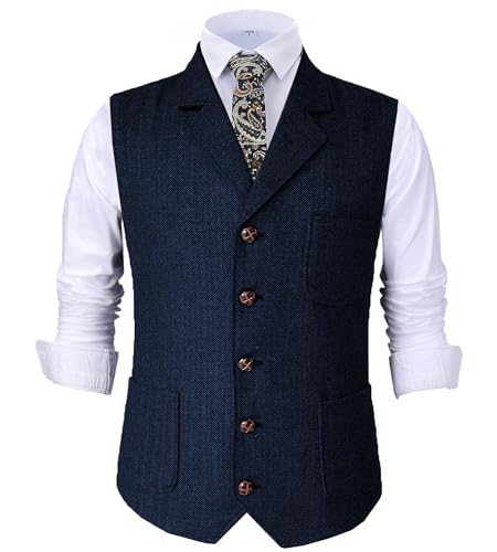 Tuikayoo Herren Retro V Ausschnitt Anzug Weste Tweed Wolle Regular Fit Weste Herringbone für Jacke (Marine,M) von Tuikayoo