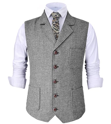 Tuikayoo Herren Retro V Ausschnitt Anzug Weste Tweed Wolle Regular Fit Weste Herringbone für Jacke (Silber,4XL) von Tuikayoo