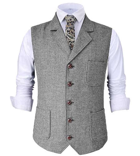 Tuikayoo Herren Retro V Ausschnitt Anzug Weste Tweed Wolle Regular Fit Weste Herringbone für Jacke (Silber,S) von Tuikayoo