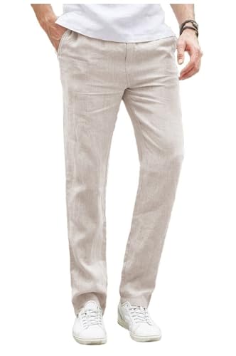 Tuikayoo Herren Sommer Leinenhosen Casual Strand Regular fit Party Hochzeit Prom (beige,32W*30L) von Tuikayoo