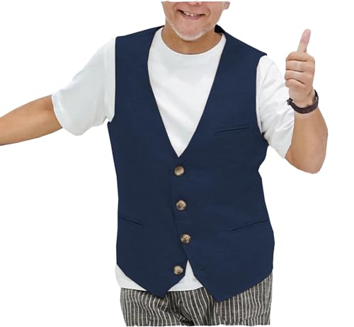 Tuikayoo Herren Sommer Leinenweste Leinen V-Ausschnitt Slim Fit Anzug Weste Kleid für Strand Hochzeit Prom Party（Marine，L） von Tuikayoo