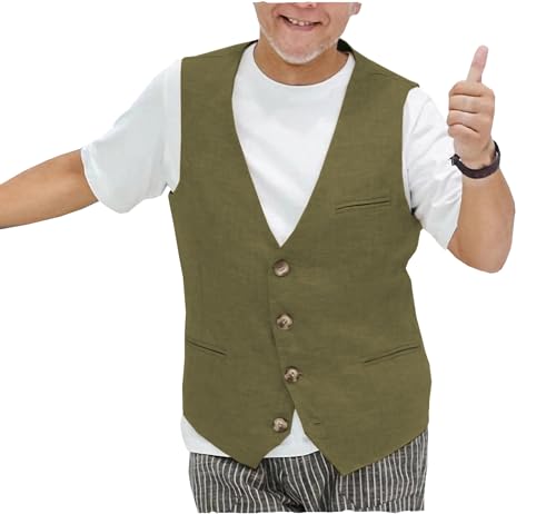 Tuikayoo Herren Sommer Leinenweste Leinen V-Ausschnitt Slim Fit Anzug Weste Kleid für Strand Hochzeit Prom Party（Olivgrün，4XL） von Tuikayoo