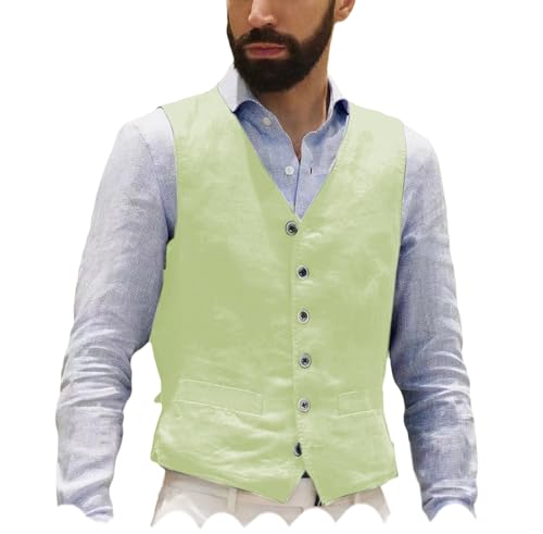 Tuikayoo Herren Sommer Weste Leinen Westen Westen Hochzeit Retro Casual Flach Leinen Solid Weste（Mintgrün，XXXL） von Tuikayoo