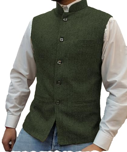 Tuikayoo Herren Stehkragen Tweed Westen Trachtenwesten Fischgrätenweste Vintage Hochzeit Gilet Wollen Bräutigam （L,Armeegrün） von Tuikayoo