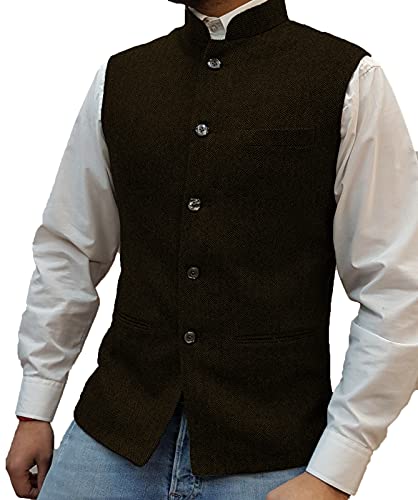 Tuikayoo Herren Stehkragen Tweed Westen Trachtenwesten Fischgrätenweste Vintage Hochzeit Gilet Wollen Bräutigam （M,Kaffee） von Tuikayoo