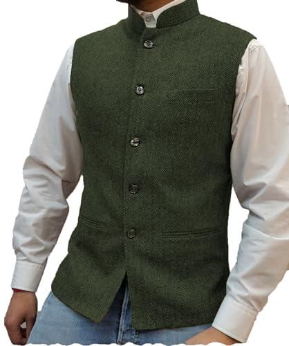 Tuikayoo Herren Stehkragen Tweed Westen Trachtenwesten Fischgrätenweste Vintage Hochzeit Gilet Wollen Bräutigam （S,Armeegrün） von Tuikayoo