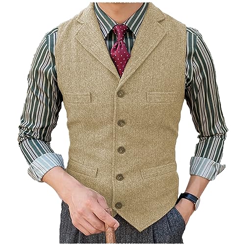 Tuikayoo Herren Tweed Anzug Vintage Weste Fischgrätenmuster Wolle Abschlussball Weste Trauzeugen, Champagner, Medium von Tuikayoo