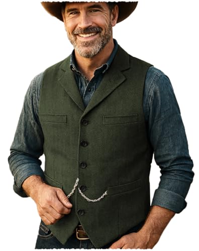 Tuikayoo Herren Tweed Anzug Vintage Weste Herringbone Wolle Abschlussball Weste Trauzeugen（Armeegrün，XS） von Tuikayoo