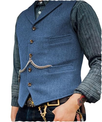 Tuikayoo Herren Tweed Anzug Vintage Weste Herringbone Wolle Abschlussball Weste Trauzeugen（Blau，XXXL） von Tuikayoo