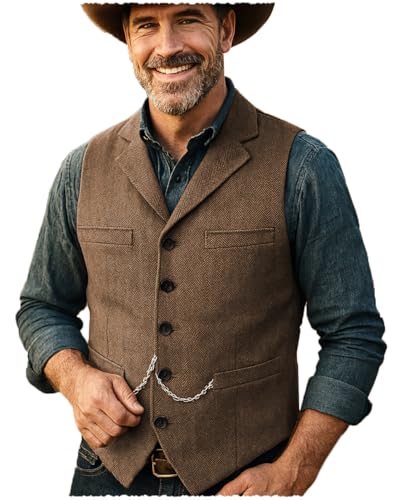 Tuikayoo Herren Tweed Anzug Vintage Weste Herringbone Wolle Abschlussball Weste Trauzeugen（Braun，S） von Tuikayoo