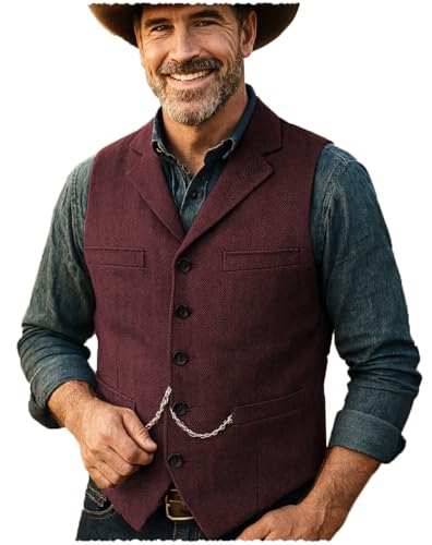 Tuikayoo Herren Tweed Anzug Vintage Weste Herringbone Wolle Abschlussball Weste Trauzeugen（Burgund，S） von Tuikayoo