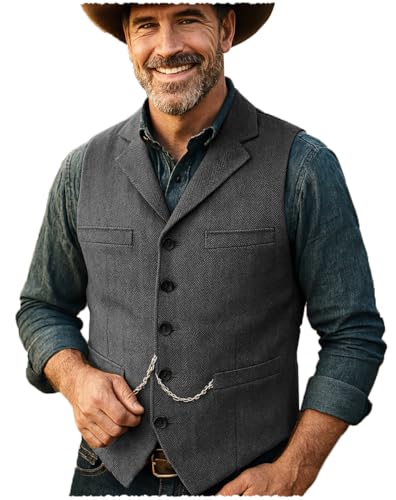Tuikayoo Herren Tweed Anzug Vintage Weste Herringbone Wolle Abschlussball Weste Trauzeugen（Grau，S） von Tuikayoo