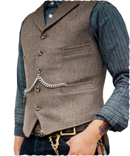 Tuikayoo Herren Tweed Anzug Vintage Weste Herringbone Wolle Abschlussball Weste Trauzeugen（Hellbraun，XL） von Tuikayoo