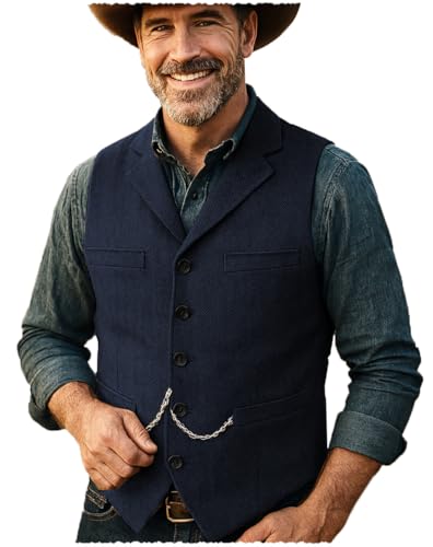 Tuikayoo Herren Tweed Anzug Vintage Weste Herringbone Wolle Abschlussball Weste Trauzeugen（Marine，XL） von Tuikayoo