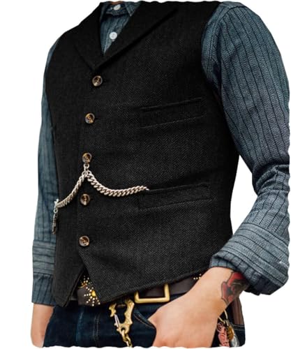 Tuikayoo Herren Tweed Anzug Vintage Weste Herringbone Wolle Abschlussball Weste Trauzeugen（Schwarz，XXL） von Tuikayoo