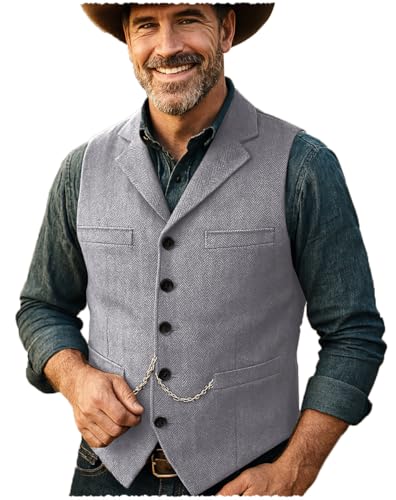 Tuikayoo Herren Tweed Anzug Vintage Weste Herringbone Wolle Abschlussball Weste Trauzeugen（Silber，S） von Tuikayoo