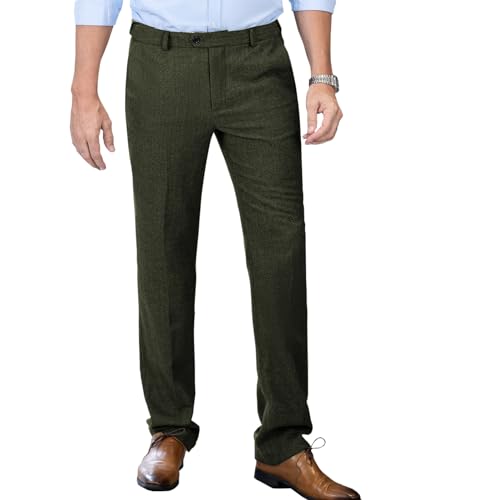 Tuikayoo Herren Tweed Hosen Fischgrät Dicke Wolle plissiert Front Kleid Anzug Vintage Hosen(Armeegrün,36W*32L) von Tuikayoo