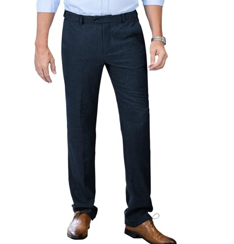 Tuikayoo Herren Tweed Hosen Fischgrät Dicke Wolle plissiert Front Kleid Anzug Vintage Hosen(Marine,32W*32L) von Tuikayoo