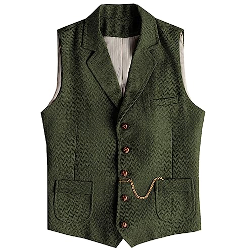 Tuikayoo Herren Western Herringbone Tweed Anzug Weste Wolle Slim Fit Weste (Armeegrün,XS) von Tuikayoo