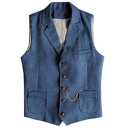 Tuikayoo Herren Western Herringbone Tweed Anzug Weste Wolle Slim Fit Weste (Blau,4XL) von Tuikayoo