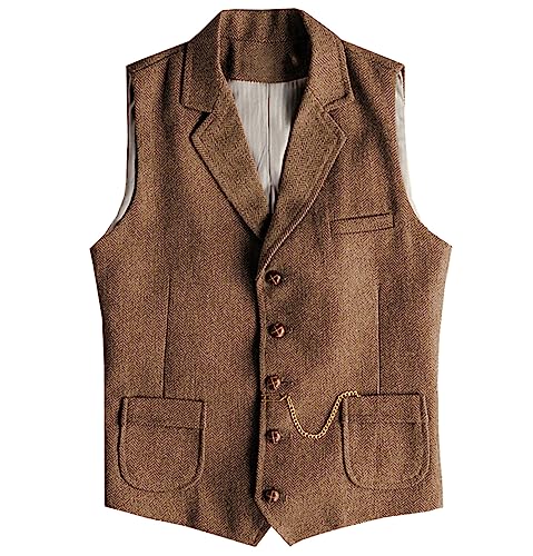 Tuikayoo Herren Western Herringbone Tweed Anzug Weste Wolle Slim Fit Weste (Braun,3XL) von Tuikayoo