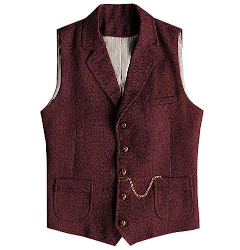 Tuikayoo Herren Western Herringbone Tweed Anzug Weste Wolle Slim Fit Weste (Burgundisch,3XL) von Tuikayoo