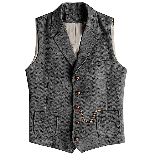 Tuikayoo Herren Western Herringbone Tweed Anzug Weste Wolle Slim Fit Weste (Grau,3XL) von Tuikayoo