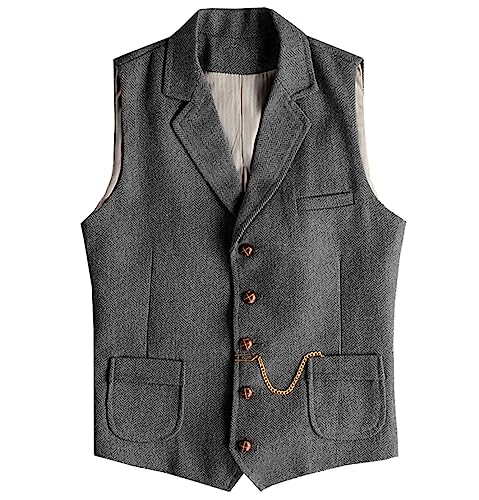 Tuikayoo Herren Western Herringbone Tweed Anzug Weste Wolle Slim Fit Weste (Grau,M) von Tuikayoo